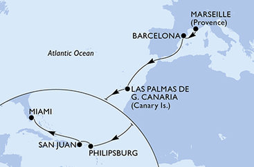 Francúzsko, Španielsko, Svatý Martin, USA z Marseille na lodi MSC Grandiosa
