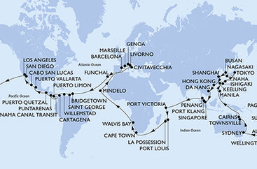 Španielsko, Portugalsko, Barbados, Grenada, Curacao, Kolumbia, Kostarika, Panama, Guatemala, Mexiko, USA, Americká Samoa, Samoa, Fiji, Nový Zéland, Austrália, Filipíny, Tchaj-wan, Japonsko, Južná Kórea, Čína, Vietnam, Singapur, Malajzia, Seychely, Maurícius, Reunion, Juhoafrická republika, Namíbia, Kapverdy, Taliansko, Francúzsko z Barcelony na lodi MSC Magnifica
