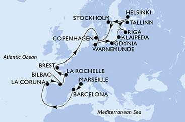 Francúzsko, Španielsko, Francie, Nemecko, Poľsko, Litva, Lotyšsko, Estónsko, Fínsko, Švédsko, Dánsko z Marseille na lodi MSC Magnifica