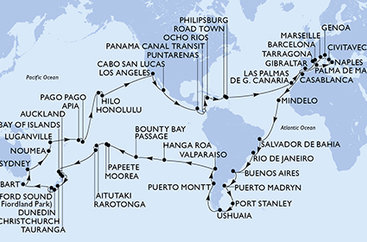 Španielsko, Gibraltár, Maroko, Kapverdy, Brazília, Argentína, Zámořské území Velké Británie, Chile, Francouzská Polynésie, Cookovy ostrovy, Nový Zéland, Austrália, Nová Kaledonie, Vanuatu, Samoa, Americká Samoa, USA, Mexiko, Kostarika, Panama, Jamajka, Britské Panenské ostrovy, Svatý Martin, Taliansko, Francúzsko, Tarragona z Barcelony na lodi MSC Magnifica