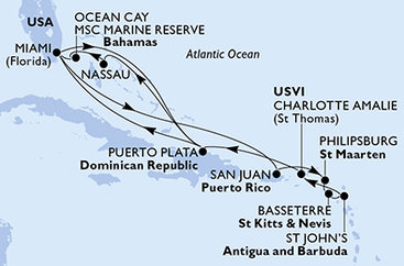 USA, Svatý Martin, Svätý Krištof a Nevis, Antigua a Barbuda, Dominikánska republika, Bahamy z Miami na lodi MSC Divina