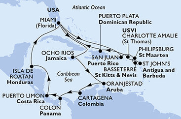 USA, Jamajka, Aruba, Kolumbia, Panama, Kostarika, Honduras, Svatý Martin, Svätý Krištof a Nevis, Antigua a Barbuda, Dominikánska republika z Miami na lodi MSC Divina