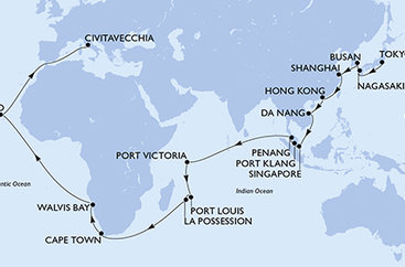 Japonsko, Južná Kórea, Čína, Vietnam, Singapur, Malajzia, Seychely, Maurícius, Reunion, Juhoafrická republika, Namíbia, Kapverdy, Taliansko z Tokia na lodi MSC Magnifica