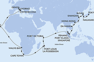 Japonsko, Južná Kórea, Čína, Vietnam, Singapur, Malajzia, Seychely, Maurícius, Reunion, Juhoafrická republika, Namíbia, Kapverdy, Taliansko z Tokia na lodi MSC Magnifica