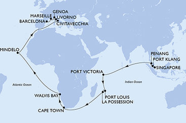 Singapur, Malajzia, Seychely, Maurícius, Reunion, Juhoafrická republika, Namíbia, Kapverdy, Taliansko, Francúzsko, Španielsko zo Singapuru na lodi MSC Magnifica