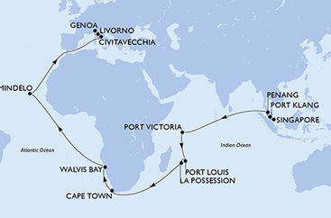 Singapur, Malajzia, Seychely, Maurícius, Reunion, Juhoafrická republika, Namíbia, Kapverdy, Taliansko zo Singapuru na lodi MSC Magnifica
