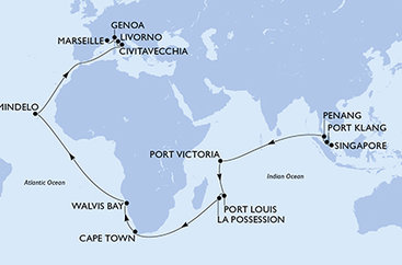 Singapur, Malajzia, Seychely, Maurícius, Reunion, Juhoafrická republika, Namíbia, Kapverdy, Taliansko, Francúzsko zo Singapuru na lodi MSC Magnifica