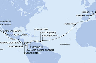Taliansko, Francúzsko, Španielsko, Portugalsko, Barbados, Grenada, Curacao, Kolumbia, Kostarika, Panama, Guatemala, Mexiko, USA z Janova na lodi MSC Magnifica