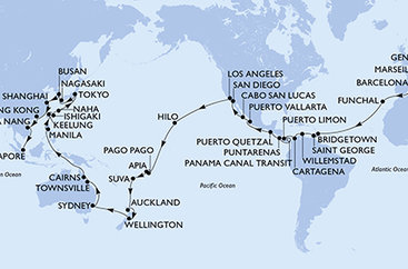 Taliansko, Francúzsko, Španielsko, Portugalsko, Barbados, Grenada, Curacao, Kolumbia, Kostarika, Panama, Guatemala, Mexiko, USA, Americká Samoa, Samoa, Fiji, Nový Zéland, Austrália, Filipíny, Tchaj-wan, Japonsko, Južná Kórea, Čína, Vietnam, Singapur z Janova na lodi MSC Magnifica