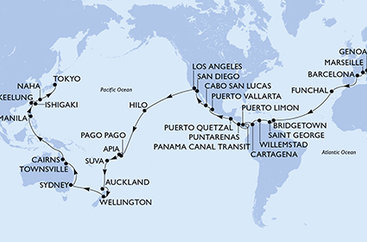 Taliansko, Francúzsko, Španielsko, Portugalsko, Barbados, Grenada, Curacao, Kolumbia, Kostarika, Panama, Guatemala, Mexiko, USA, Americká Samoa, Samoa, Fiji, Nový Zéland, Austrália, Filipíny, Tchaj-wan, Japonsko z Janova na lodi MSC Magnifica
