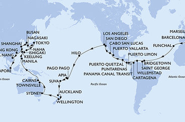 Francúzsko, Španielsko, Portugalsko, Barbados, Grenada, Curacao, Kolumbia, Kostarika, Panama, Guatemala, Mexiko, USA, Americká Samoa, Samoa, Fiji, Nový Zéland, Austrália, Filipíny, Tchaj-wan, Japonsko, Južná Kórea, Čína, Vietnam, Singapur z Marseille na lodi MSC Magnifica