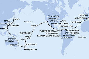 Francúzsko, Španielsko, Portugalsko, Barbados, Grenada, Curacao, Kolumbia, Kostarika, Panama, Guatemala, Mexiko, USA, Americká Samoa, Samoa, Fiji, Nový Zéland, Austrália, Filipíny, Tchaj-wan, Japonsko z Marseille na lodi MSC Magnifica