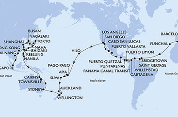 Španielsko, Portugalsko, Barbados, Grenada, Curacao, Kolumbia, Kostarika, Panama, Guatemala, Mexiko, USA, Americká Samoa, Samoa, Fiji, Nový Zéland, Austrália, Filipíny, Tchaj-wan, Japonsko, Južná Kórea, Čína, Vietnam, Singapur z Barcelony na lodi MSC Magnifica
