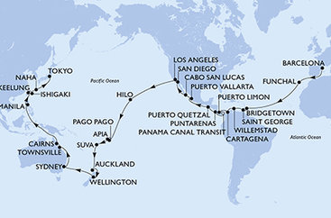 Španielsko, Portugalsko, Barbados, Grenada, Curacao, Kolumbia, Kostarika, Panama, Guatemala, Mexiko, USA, Americká Samoa, Samoa, Fiji, Nový Zéland, Austrália, Filipíny, Tchaj-wan, Japonsko z Barcelony na lodi MSC Magnifica