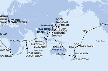 USA, Americká Samoa, Samoa, Fiji, Nový Zéland, Austrália, Filipíny, Tchaj-wan, Japonsko, Južná Kórea, Čína, Vietnam, Singapur, Malajzia, Seychely, Maurícius, Reunion, Juhoafrická republika, Namíbia, Kapverdy, Taliansko, Francúzsko, Španielsko na lodi MSC Magnifica