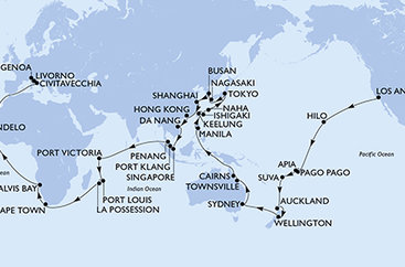 USA, Americká Samoa, Samoa, Fiji, Nový Zéland, Austrália, Filipíny, Tchaj-wan, Japonsko, Južná Kórea, Čína, Vietnam, Singapur, Malajzia, Seychely, Maurícius, Reunion, Juhoafrická republika, Namíbia, Kapverdy, Taliansko na lodi MSC Magnifica