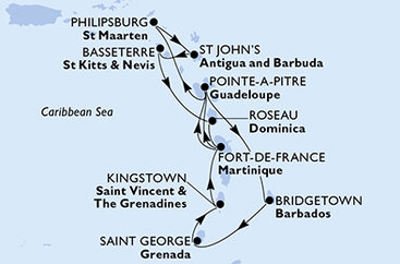 Barbados, Grenada, Svätý Vincent a Grenadiny, Martinik, Guadeloupe, Svatý Martin, Antigua a Barbuda, Svätý Krištof a Nevis, Dominika z Bridgetownu na lodi MSC Seaview
