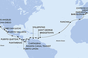 Taliansko, Francúzsko, Španielsko, Portugalsko, Barbados, Grenada, Curacao, Kolumbia, Kostarika, Panama, Guatemala, Mexiko, USA z Civitavechie na lodi MSC Magnifica