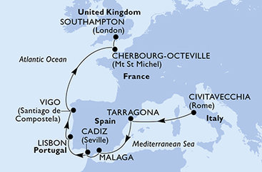 Taliansko, Tarragona, Španielsko, Portugalsko, Francie, Veľká Británia z Civitavechie na lodi MSC Meraviglia
