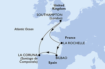 Veľká Británia, Francie, Španielsko zo Southamptonu na lodi MSC Meraviglia