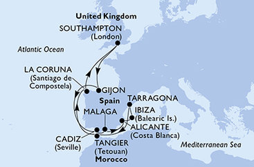 Veľká Británia, Španielsko, Tarragona, Maroko zo Southamptonu na lodi MSC Meraviglia