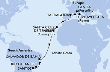 Taliansko, Tarragona, Španielsko, Brazília z Civitavechie na lodi MSC Divina