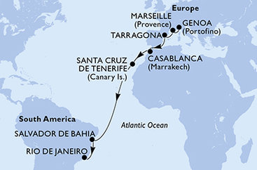 Taliansko, Francúzsko, Tarragona, Maroko, Španielsko, Brazília z Janova na lodi MSC Musica