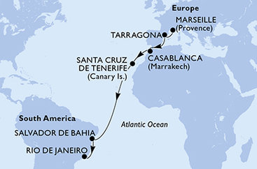 Francúzsko, Tarragona, Maroko, Španielsko, Brazília z Marseille na lodi MSC Musica