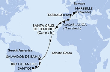 Francúzsko, Tarragona, Maroko, Španielsko, Brazília z Marseille na lodi MSC Musica
