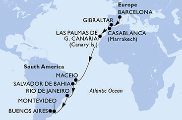 Španielsko, Gibraltár, Maroko, Brazília, Uruguaj, Argentína z Barcelony na lodi MSC Splendida