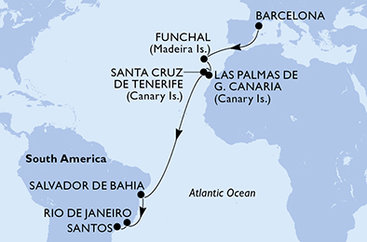 Španielsko, Portugalsko, Brazília z Barcelony na lodi MSC Virtuosa
