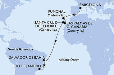 Španielsko, Portugalsko, Brazília z Barcelony na lodi MSC Virtuosa
