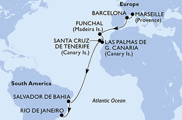 Francúzsko, Španielsko, Portugalsko, Brazília z Marseille na lodi MSC Virtuosa