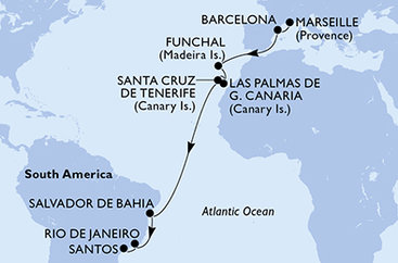 Francúzsko, Španielsko, Portugalsko, Brazília z Marseille na lodi MSC Virtuosa