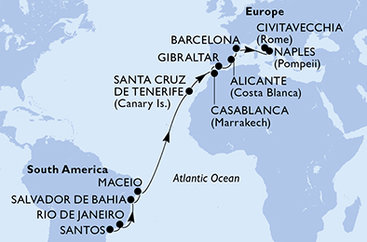 Brazília, Španielsko, Maroko, Gibraltár, Taliansko zo Santosu na lodi MSC Divina