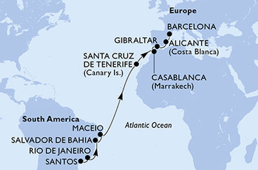 Brazília, Španielsko, Maroko, Gibraltár zo Santosu na lodi MSC Divina
