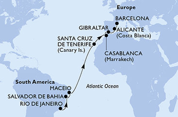 Brazília, Španielsko, Maroko, Gibraltár z Rio de Janeira na lodi MSC Divina