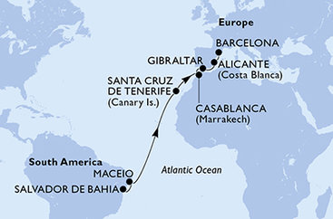 Brazília, Španielsko, Maroko, Gibraltár zo Salvadoru na lodi MSC Divina