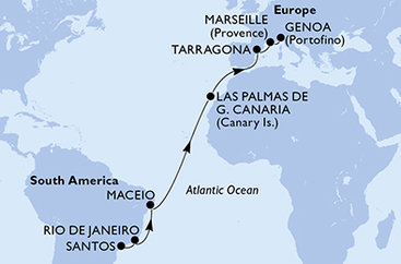Brazília, Španielsko, Tarragona, Francúzsko, Taliansko zo Santosu na lodi MSC Musica