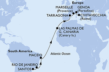 Brazília, Španielsko, Tarragona, Francúzsko, Taliansko zo Santosu na lodi MSC Musica