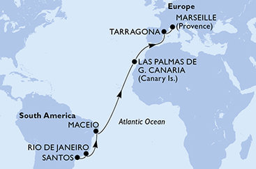 Brazília, Španielsko, Tarragona, Francúzsko zo Santosu na lodi MSC Musica