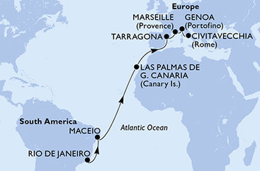 Brazília, Španielsko, Tarragona, Francúzsko, Taliansko z Rio de Janeira na lodi MSC Musica