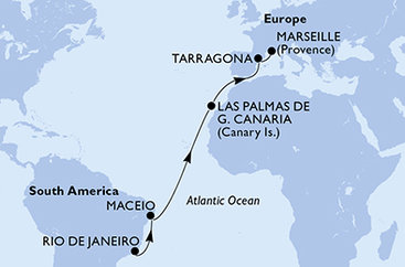 Brazília, Španielsko, Tarragona, Francúzsko z Rio de Janeira na lodi MSC Musica