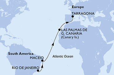 Brazília, Španielsko, Tarragona z Rio de Janeira na lodi MSC Musica