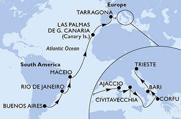 Argentína, Brazília, Španielsko, Tarragona, Francúzsko, Taliansko, Grécko z Buenos Aires na lodi MSC Splendida