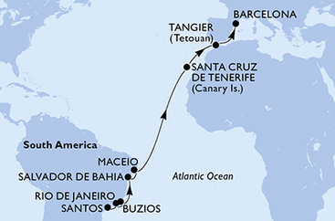 Brazília, Španielsko, Maroko zo Santosu na lodi MSC Virtuosa