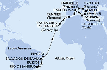 Brazília, Španielsko, Maroko, Tunisko, Taliansko, Francúzsko z Rio de Janeira na lodi MSC Virtuosa