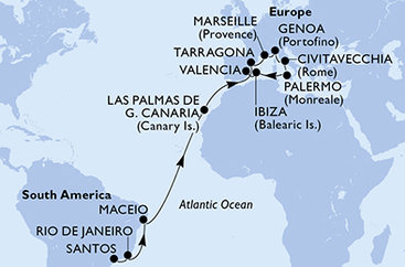 Brazília, Španielsko, Tarragona, Francúzsko, Taliansko zo Santosu na lodi MSC Musica