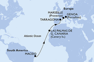 Brazília, Španielsko, Tarragona, Francúzsko, Taliansko z Maceia na lodi MSC Musica