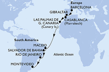 Španielsko, Gibraltár, Maroko, Brazília, Uruguaj z Barcelony na lodi MSC Splendida